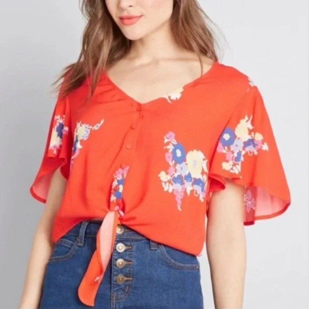 2/$30 ModCloth Red Floral Tie Front Button Down Blouse Top 3X